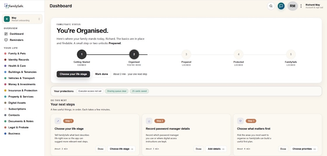Your dashboard — the FamilySafe status card, next steps and your protections at a glance