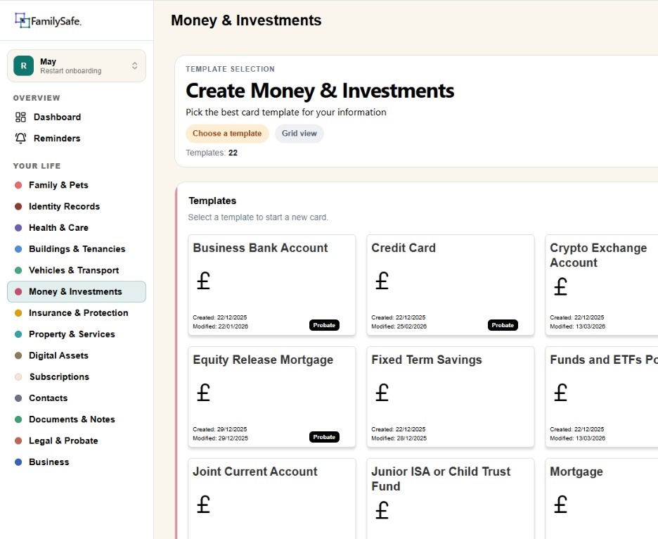 Money & Investments in FamilySafe — bank accounts, ISAs, pensions and mortgages, in one place