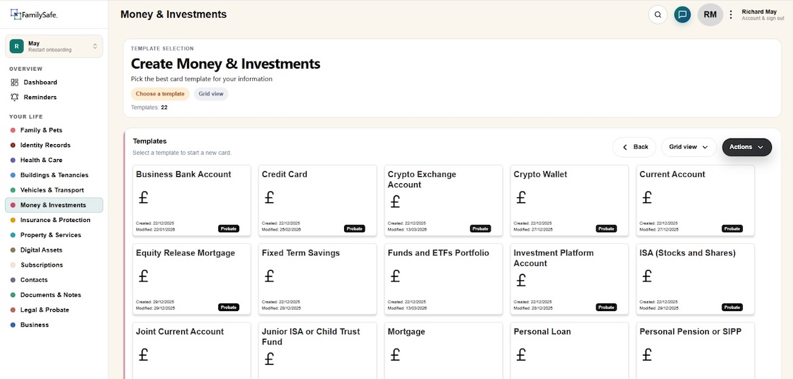 Money & Investments — bank accounts, ISAs, pensions, mortgages and credit cards, in one place