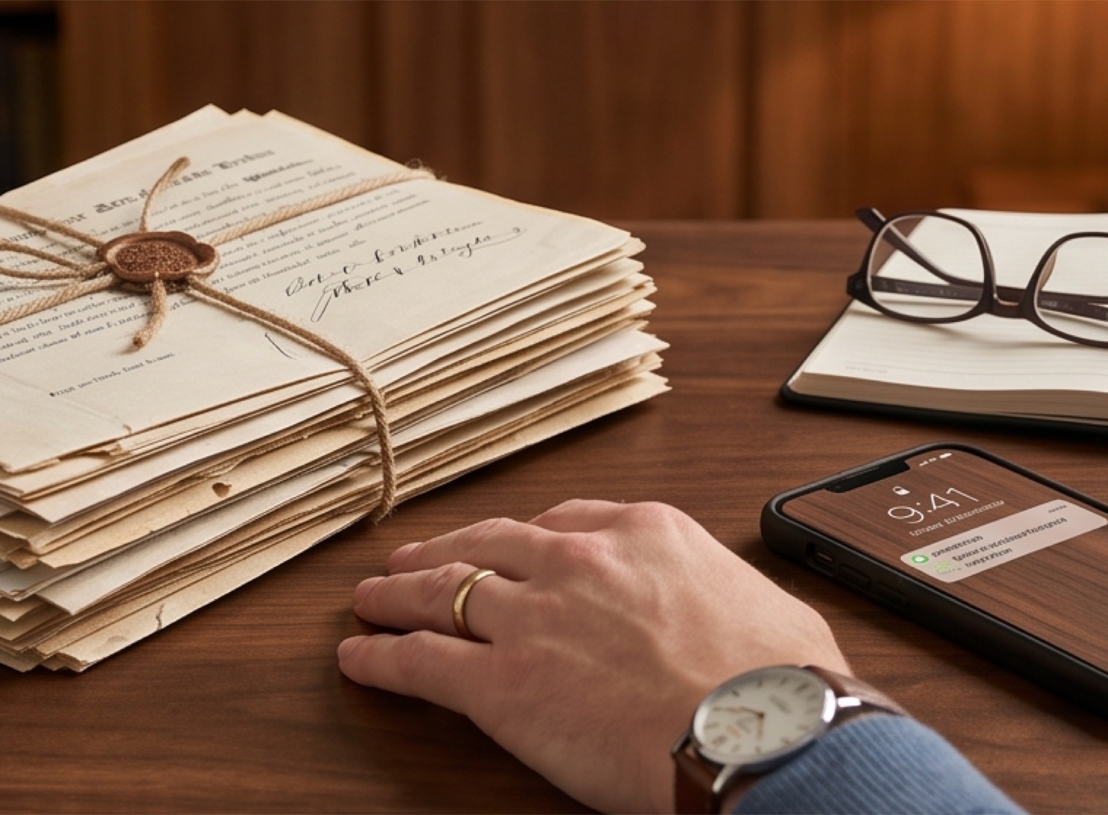 Organised documents on a desk beside a phone showing a reminder