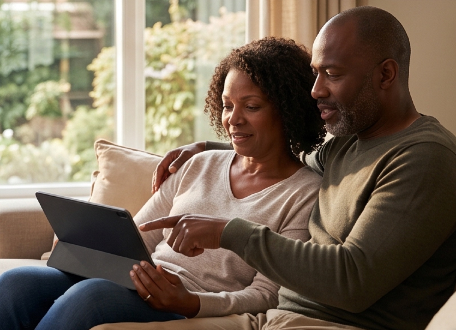 A couple calmly reviewing their household dashboard on a tablet at home