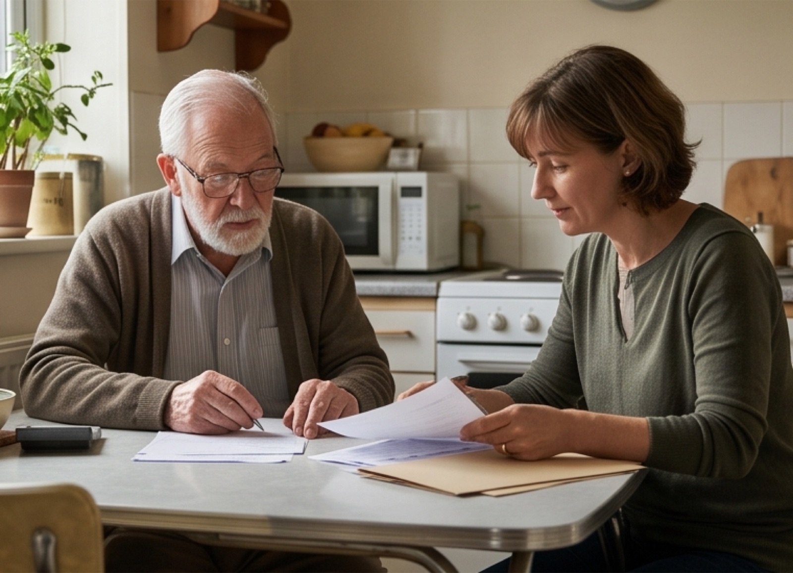 An adult child and older parent reviewing documents together at a kitchen table